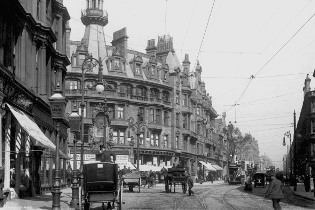 Looking east along from Charing Cross on Sauchiehall Street in 1905 as horse and carts go along the bustling Glasgow street in the days before the motorway. 